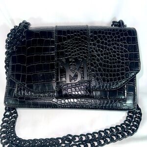 Badgley Mischka Black Chain Faux Crocodile Shoulder Bag